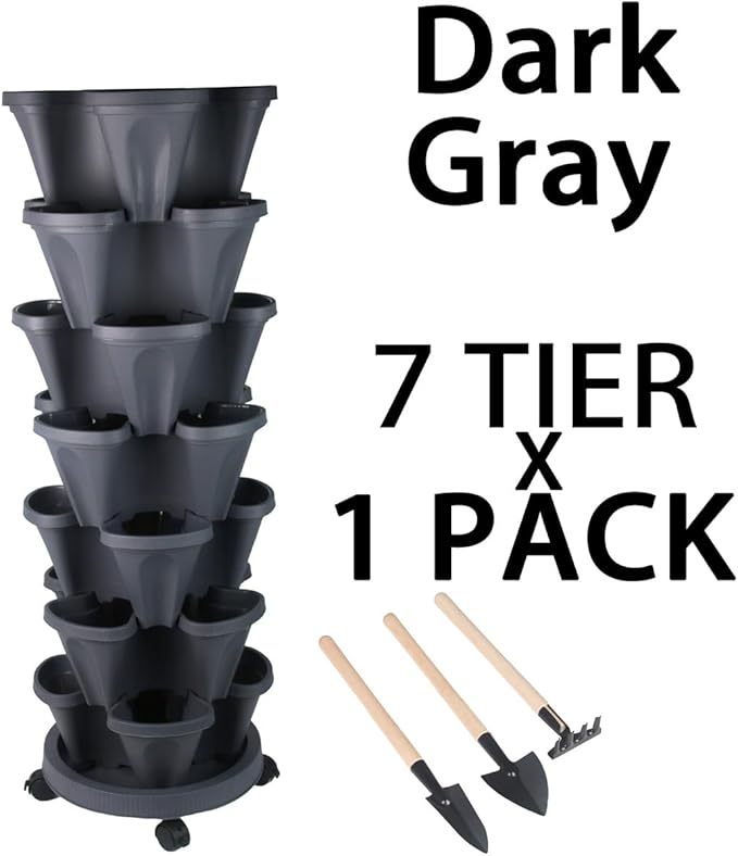 Vertical Planter 7 Tier Stackable Planters Garden Planters Strawberry Herb Flower and Vegetable Planter Indoor Outdoor Gardening Pots with Removable Wheels and Tools