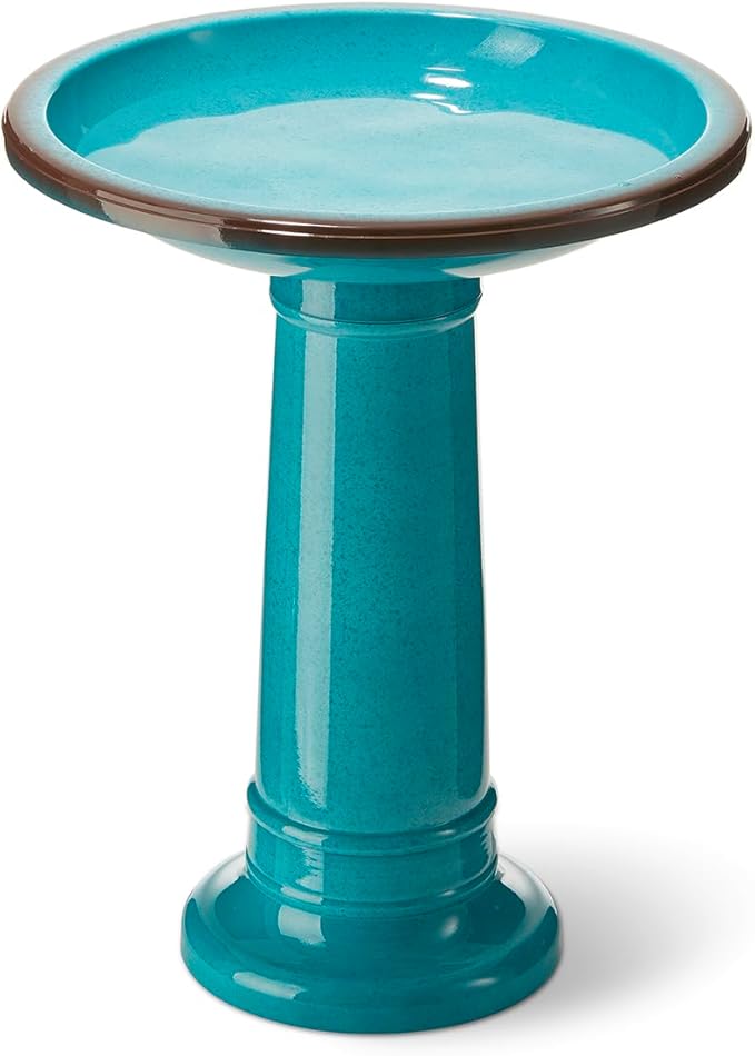 Glitzhome 21.5" H Plastic Turquoise Faux Ceramic Bird Bath for Outside, Hand-Painted Tall Pedestal Birdbath in Weather Resistant for Outdoor Patio Garden Backyard Decking