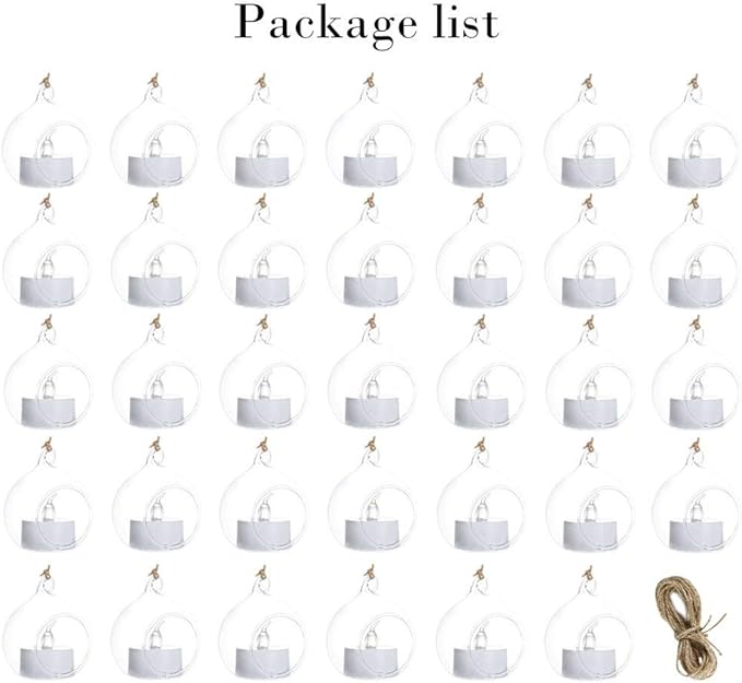 Sziqiqi Hanging Glass Globes Orbs Tea Light Candle Holders with Flameless LED Tealight for Wedding Ornaments, Wedding Birthday Christmas Party Centerpiece Accessory 2.36inch 30pcs +6 Extra