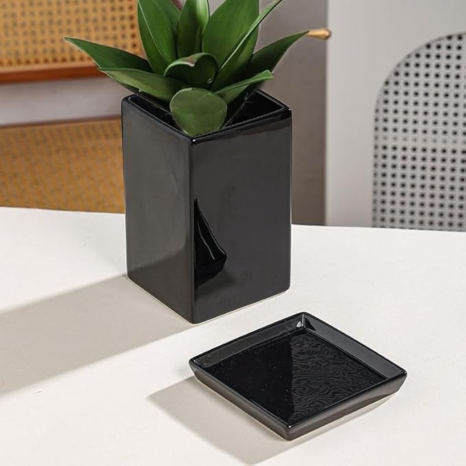 Square Plant Saucer 10 Inch 2 Pack,Plant Trays for Pots, Black Ceramic Plant Saucers for Indoors Outdoors, Plant Drip Tray 4 6 8 10 12 14 Inch