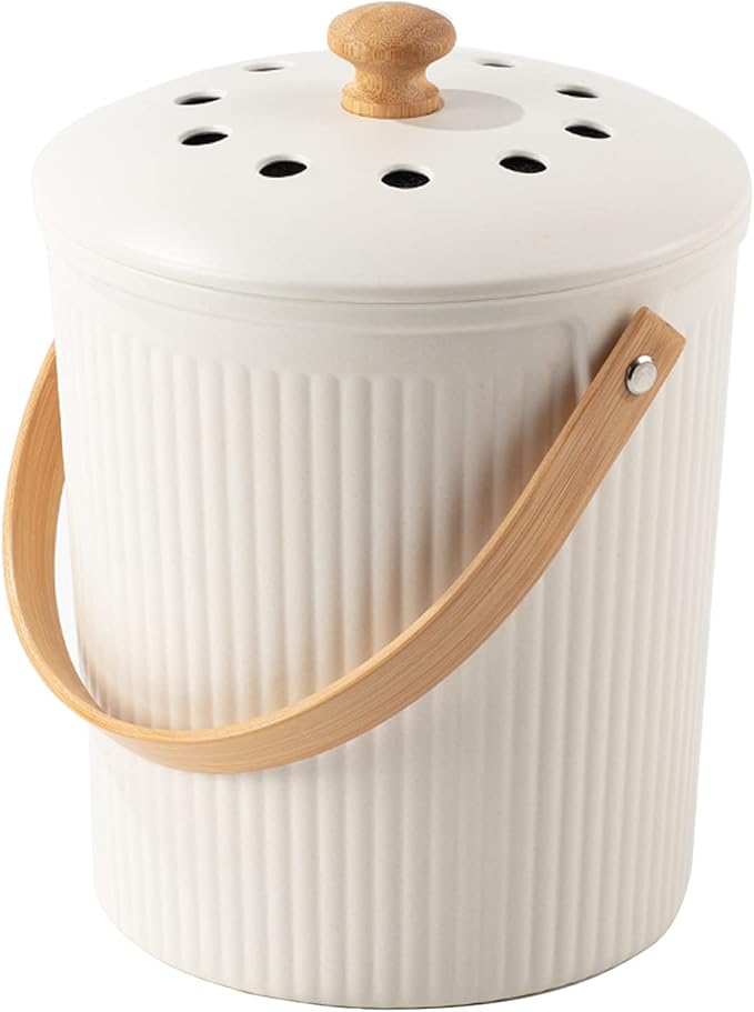 LALASTAR Countertop Compost Bin with Lid, Made of Sustainable Bamboo Fiber, Odorless Kitchen Compost Bucket, 1 Gallon, Cream