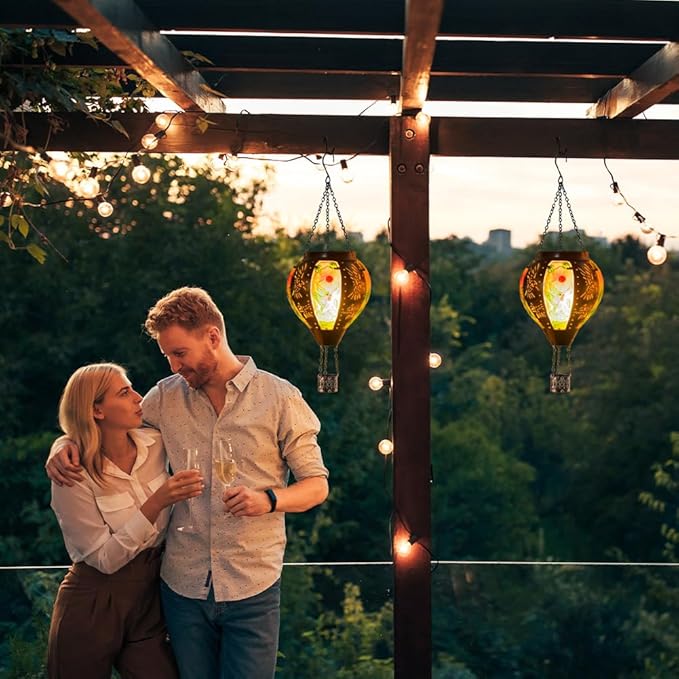 Starsoul Hummingbird Hot Air Balloon Solar Lantern Metal & Glass Solar Hot Air Balloon Hanging Garden Light Waterproof Outdoor Lantern for Patio Yard Party Decorations