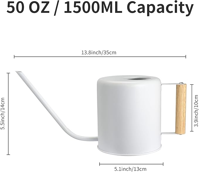 1.5 Liter Watering Can for Indoor Plants, House Plants, Flower Watering, Outdoor Plants - Small Metal Watering Can with Long Spout (White)