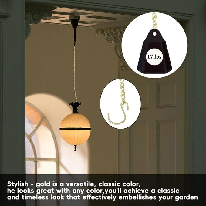 197 Inch Gold Hanging Baskets - Adjustable Length, Brass Decorative Metal Chain with A Great Assortment of Hooks for Hanging Bird Feeders Planters Baskets Billboards Ornaments, Chain Hooks DIY