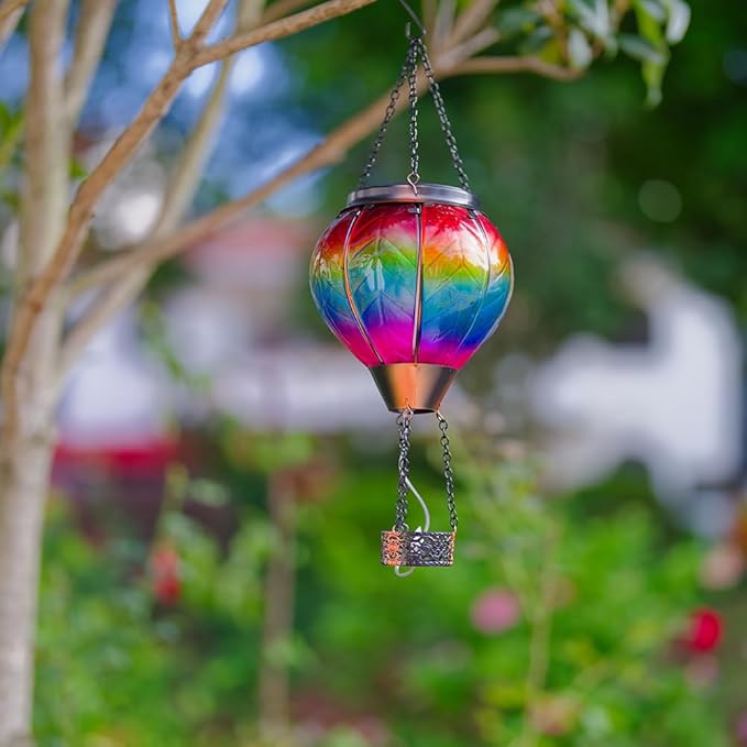 Starsoul Hot Air Balloon Solar Lantern with Candle Holder Solar Hot Air Balloon Flickering Flame Hanging Garden Light Waterproof Glass Hot Air Balloon Solar Lamp Decorative for Lawn Porch Tree Yard