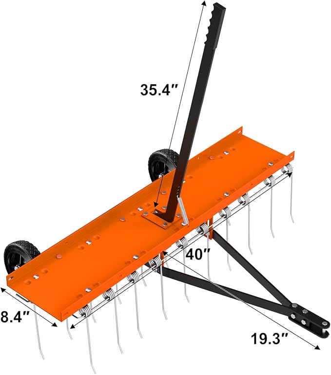 40inch Tow Behind Dethatcher with 20 Spring Steel Tines, Lawn Tractor Rakes with Lift Handle, Tow Behind Rake to Remove Thatch, Riding Lawn Mower Attachments for Outdoor Yard Tools Lawn Care