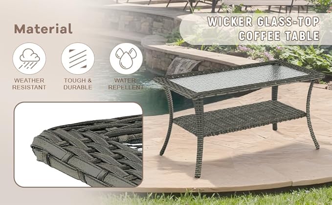 Swivel Patio Chairs sofa Set of 5 with 6" Thick Cushion - Wicker Outdoor Swivel Rocker Patio Chair ,Sofa/Glass coffee table, High Back Comfortable Outdoor Glider Chairs - Grey Wicker | Grey Cushions