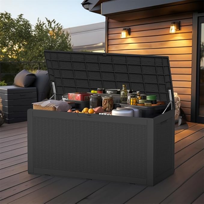 100 Gallon Outdoor Deck Box,Storage Lockable Waterproof Patio Furniture,Garden Tools,Cushions,Pool Accessories Outside Storage Resin Box(Black)