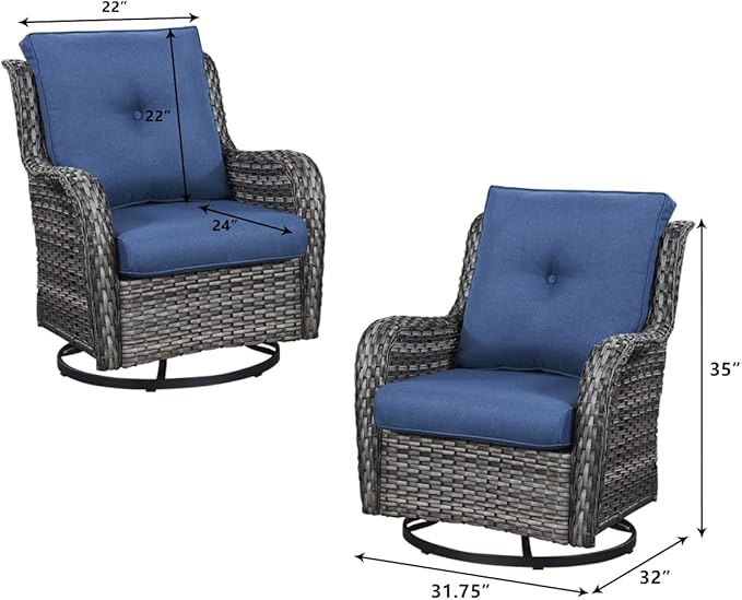 HUMMUH 7pcs Patio Furniture Set Swivel Rocker Patio Chairs,PE Wicker Outdoor Sofa Set of 2 with Coffee Table and Ottomans(Grey,Blue)