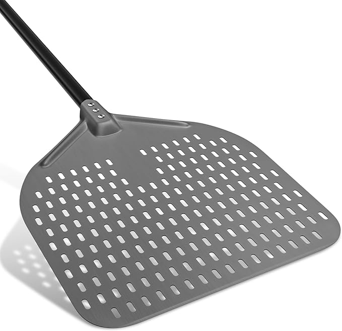 G.a HOMEFAVOR 14" x 17" Perforated Pizza Peel 49 Inch overall, Rectangular Aluminum Pizza Turning Peel with Extended Silcone Handle For Baking Pizza Brick Oven