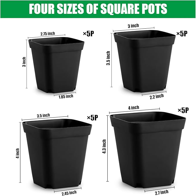 Square Nursery Pots Clearance (2.7", 3", 3.5", 4") with Drainage Holes 20 Pcs, Plastic Seed Starting Pots, Sturdy and Durable Seedling Pots for Planting, Cuttings and Transplanting, Black