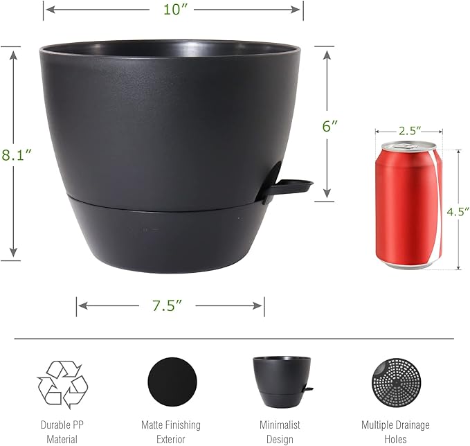 WOUSIWER 10 inch Self Watering Planters, 2 Pack Large Plastic Plant Pots with Deep Reservior and High Drainage Holes for Indoor Outdoor Plants and Flowers, Black