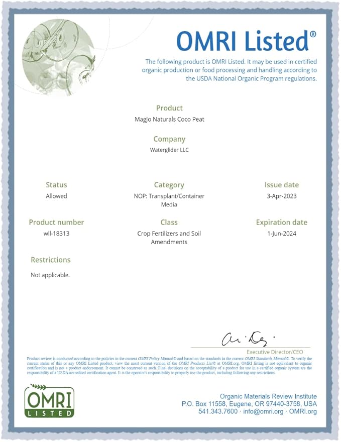 MagJo Naturals 100% Pure Coco Coir (Coco Peat) 11 Pound Block (5kg, OMRI Listed for Organic Gardening, Coconut Coir - Low EC and pH Balance - High Expansion Coco Fiber for Herbs, Flowers, Planting