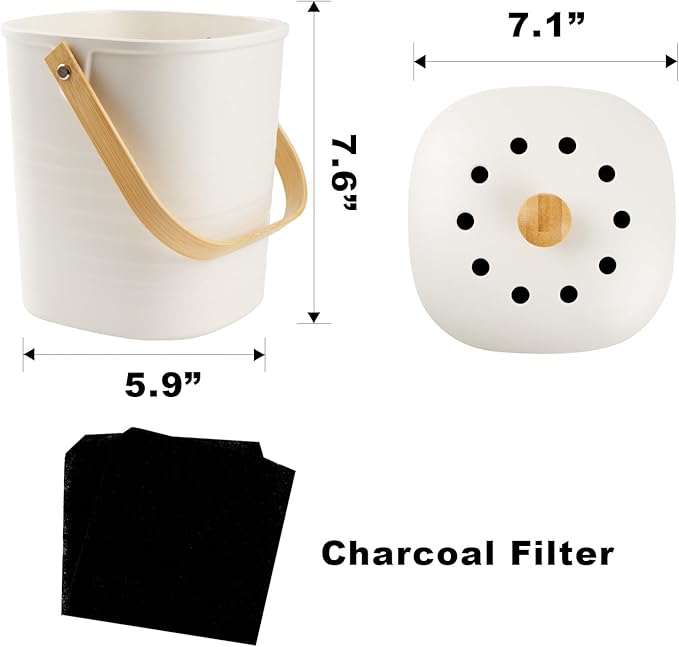 Compost Bin, LALASTAR Compost Bin Kitchen Counter with Lid, Made of Sustainable Bamboo Fiber, Odorless Indoor Compost Bin, 1 Gallon, Cream, Square