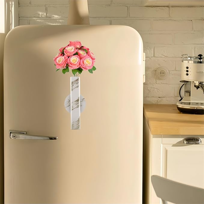 Self Adhesive Wall Vase Metal Tube Decoration Holder Used to Display Dried Flower, Faux Flowers, Fake Flowers, Also Suitable for Cemetery Memorial Decoration (2 Pcs White Gold Stripe)