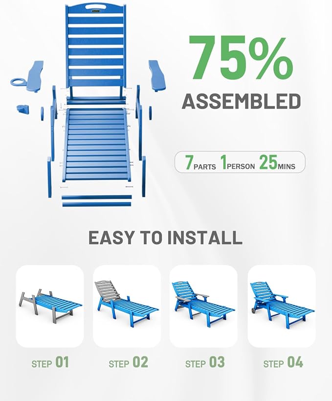 Lounge Chair Outdoor, Patio Chaise Lounge, HDPE 6-Position Outdoor Chaise Lounge, Patio Lounge Chair with Wheels & Cup Holder for Pool Poolside Deck Backyard, Navy Blue