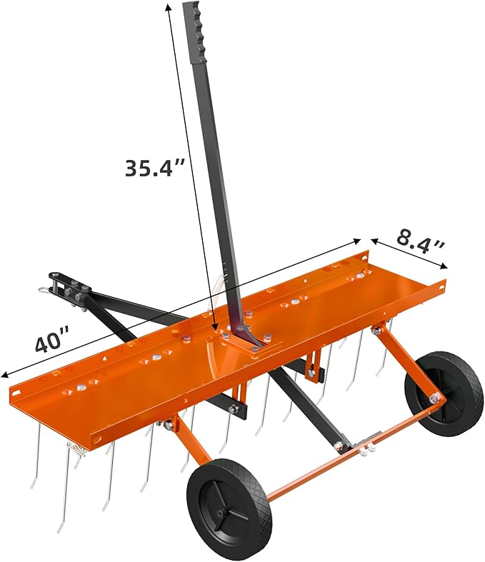 40 Inch Orange Tow-Behind Dethatcher with 20 Spring Steel Tines, Pull Dethatcher for Outdoor Yard Care, Garden Farm Grass Tractor Rake to Remove Thatch, Leaves and Needles from Large Lawn Areas