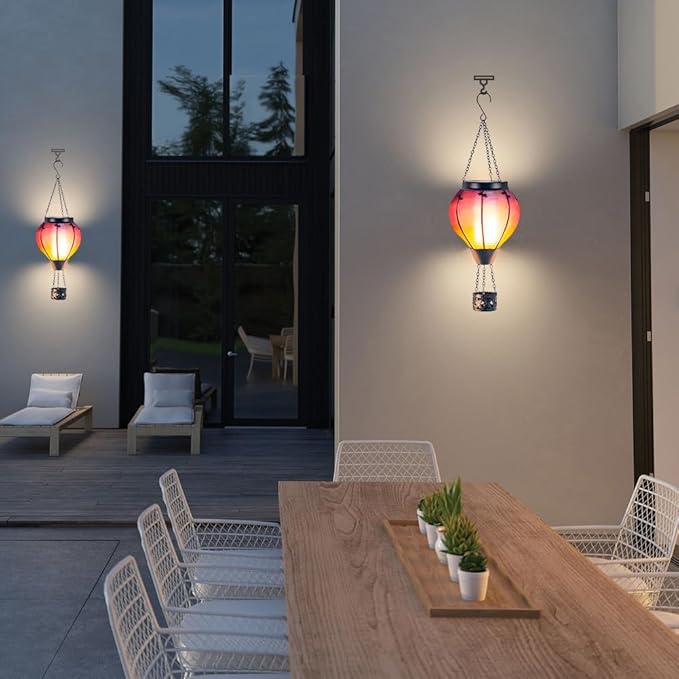 Starsoul Glass Solar Hot Air Balloon Flickering Flame Hanging Garden Light Purple Hot Air Balloon Solar Lantern with Large Basket Waterproof Hot Air Balloon Solar Lamp Decor