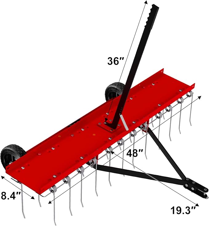 48inch Tow Behind Dethatcher with 24 Spring Steel Tines, Lawn Tractor Rakes with Lift Handle, Tow Behind Rake to Remove Thatch, Riding Lawn Mower Attachments for Outdoor Yard Tools Lawn Care