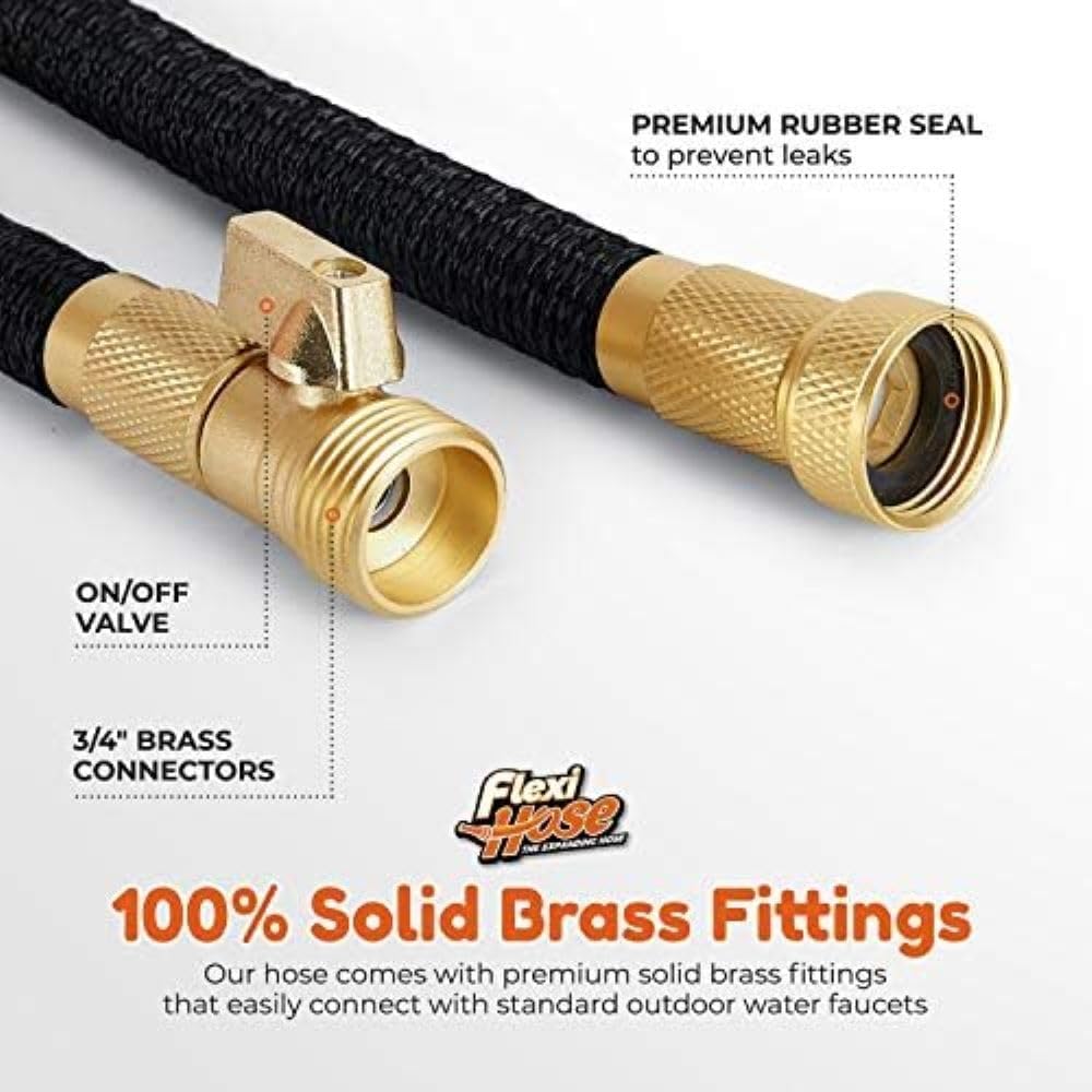 Flexi Hose Lightweight Expandable Garden Hose, No-Kink Flexibility, 3/4 Inch Solid Brass Fittings and Double Latex Core (150 FT, Black)