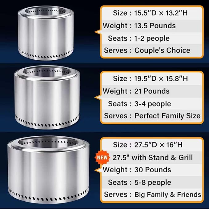 HGD 27.5" Smokeless Fire Pit with Stand, Stainless Steel Wood Burning Firepit for Friends & Family Gatherings, Secondary Combustion Outdoor Patio Stove for Garden BBQ & Bonfire