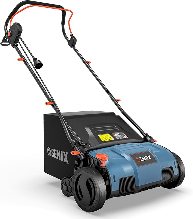 SENIX 13 Amp 15-Inch 2-in-1 Electric Dethatcher and Scarifier with 13.2-Gal Collection Bag,4-Position Depth Adjustment,Walk Behind for Lawn Garden Care Removing Thatch,Quick-Fold(SCE13-M)