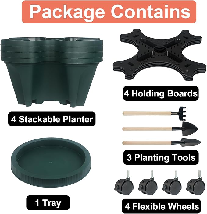 Vertical Planter 4 Tier Stackable Planters Garden Planters Strawberry Herb Flower and Vegetable Planter Indoor Outdoor Gardening Pots with Removable Wheels and Tools