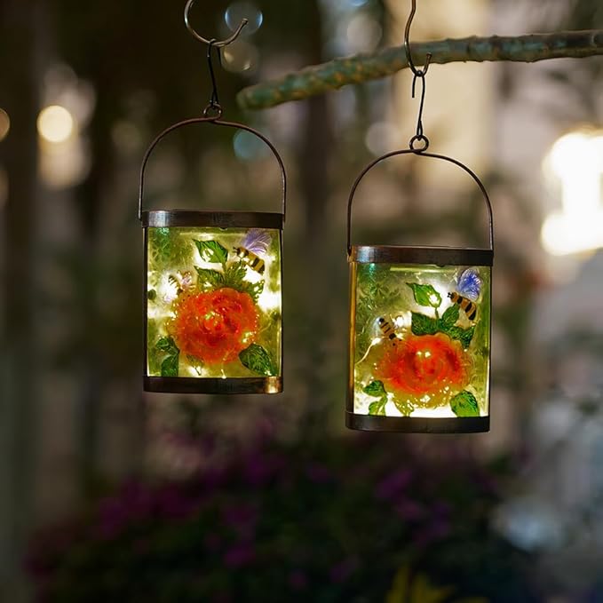Starsoul 2 Pack Hanging Solar Lantern Outdoor Waterproof Glass Bee and Flowers Decorative Solar Lights for Outside Garden Yard Table Patio Decor