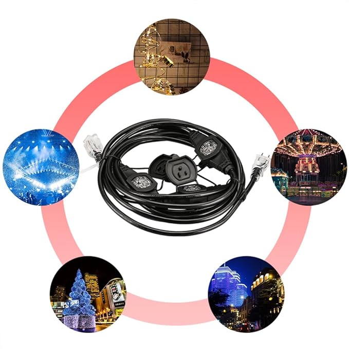 30FT 14 Gauge Multi Outlet Extension Cord, 5 Evenly Spaced Weatherproof Outlets, Great for Stage Backdrops, Landscape Garden Lighting,Christmas Decorations ETL