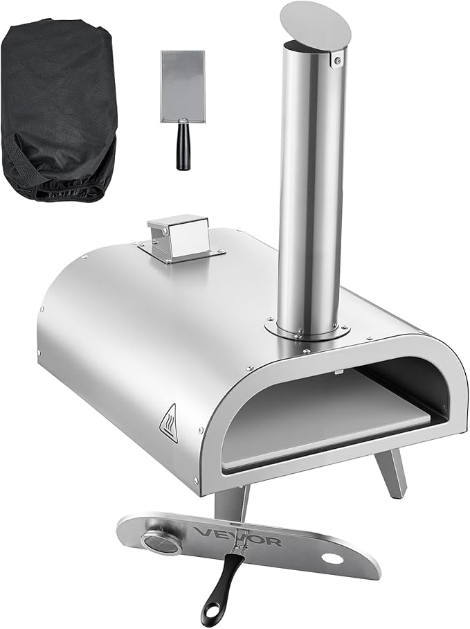 VEVOR Pizza Oven Outdoor, 12" Pellet Pizza Oven, Portable Pizza-Stove with Built-in Thermometer, Wood Fired Stainless Steel Pizza-Maker, for Backyard, Camping, Pizza-Stone, Shovel, Carry Bag, Silver