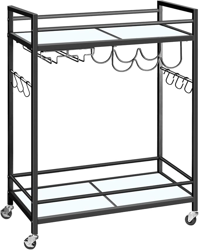 TUTOTAK Bar Cart, Serving Cart - for Home, Microwave Cart, Drink Cart, Mobile Kitchen Shelf with Wine Rack and Glass Holder, Rolling Beverage Cart, Black BC01BK031
