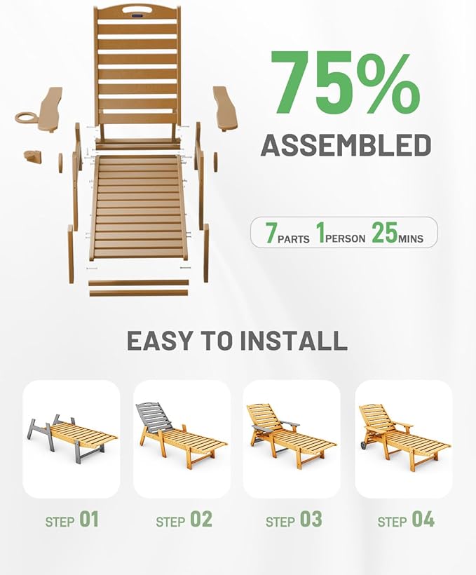 Lounge Chair Outdoor Set of 2, HDPE Chaise Lounge Outdoor with 6-Position & Wheels &Cup Holder, Pool Lounge Chair for Pool Poolside Deck Backyard Patio, Teak