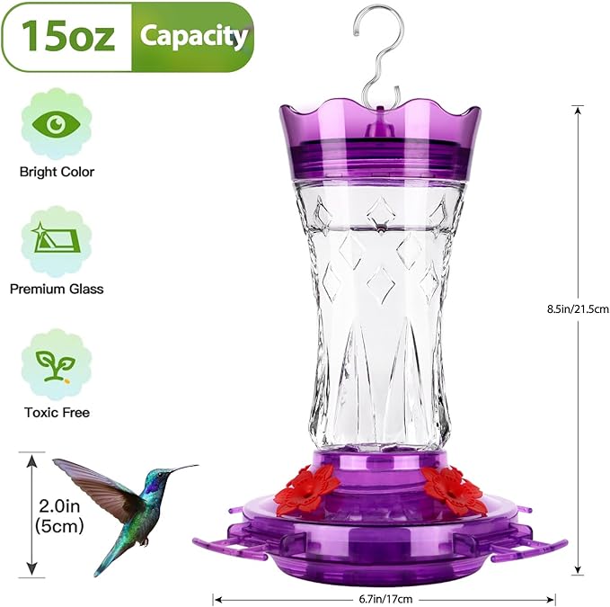 BOLITE Glass Hummingbird Feeders for Outdoors Hanging, Built-in Ant Moat, 4 Bee Guard Feeding Ports with Perches, Leak Proof, 15 Ounces, Stars Decor, Purple, Gifts for Women Men, Gifts for Mom Dad