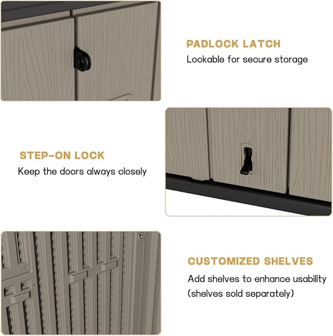 KINYING Outdoor Horizontal Storage Sheds,Outdoor Storage Cabinet Waterproof Resin Tool Storage Box for Lawn Mower,Garden Tools and Patio Furniture, Lockable (Brown)