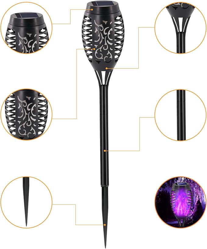 Purple Solar Lights Outdoor, 8 Pack Solar Flicker Flame Torch Lights Waterproof 12 LED Mini Tiki Torch Lights for Outside Landscape Garden Pathway Dusk to Dawn Auto On/Off