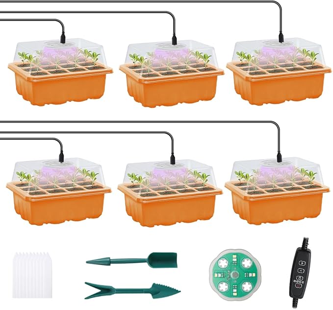 Seed Starter Tray with LED Light, 6 Pack 72 Cells Plant Grow Kit with Adjustable Humidity Vent for Mini Greenhouse Garden Germination,Bonsai Seedlings Starting Growing