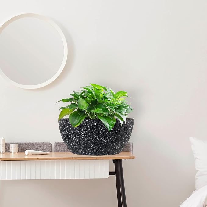 10 inch Hanging Planters for Outdoor Indoor Plants with Drainage Holes and Chain, 2 Pack Round Hanging Flower Pots for Garden Home Porch Decor, Speckled Black