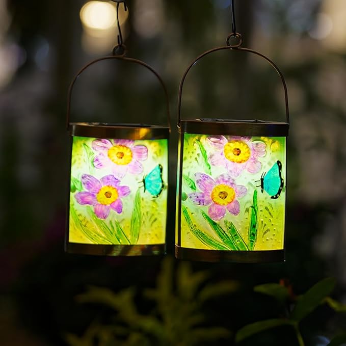 Starsoul 2 Pack Hanging Solar Lantern Outdoor Waterproof Glass Butterfly and Flowers Decorative Solar Lights for Outside Garden Yard Table Patio Decor