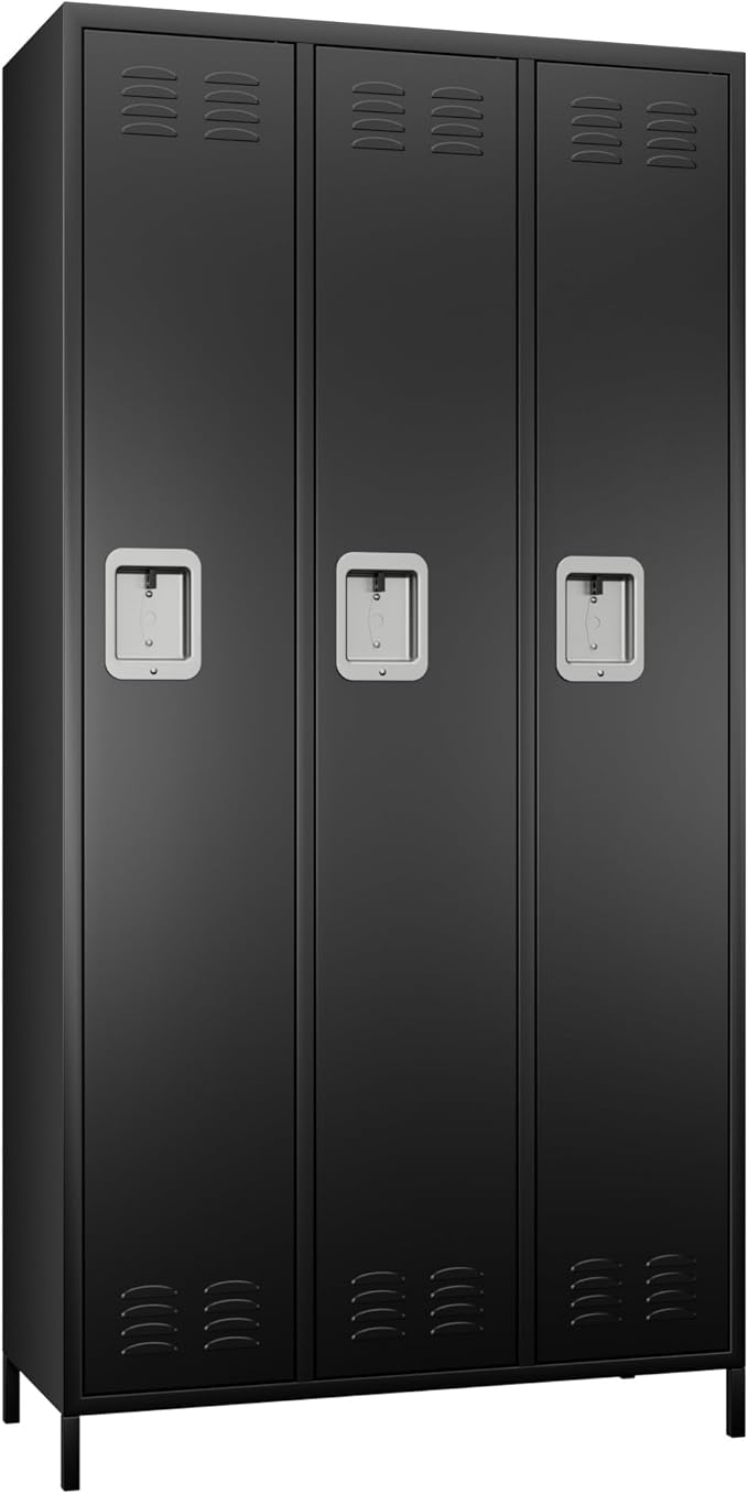 METAN Metal Locker for School Office Gym Bedroom,3 Doors Steel Storage Locker Cabinet for Employees,Industrial Storage Locker with 2 Shelves,Assembly Required (3 Door-Black)