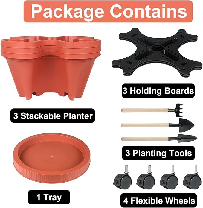 DUNCHATY Stackable Planters 3 Tier Vertical Garden Planting Tower Planters Strawberry, Herb, Flower, and Vegetable Planter Indoor Outdoor Gardening Pots with Removable Wheels and Tools, 2 Bundle