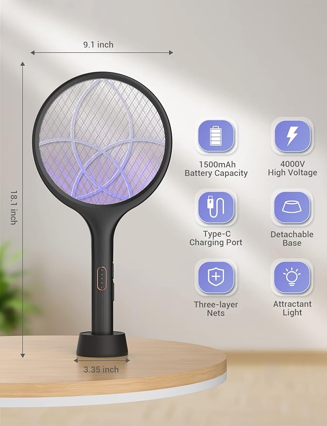YISSVIC Electric Fly Swatter Bug Zapper Racket Dual Modes Mosquito Killer with Purple Mosquito Light Rechargeable for Indoor Home Office Backyard Patio Camping (Black 2 Pack)