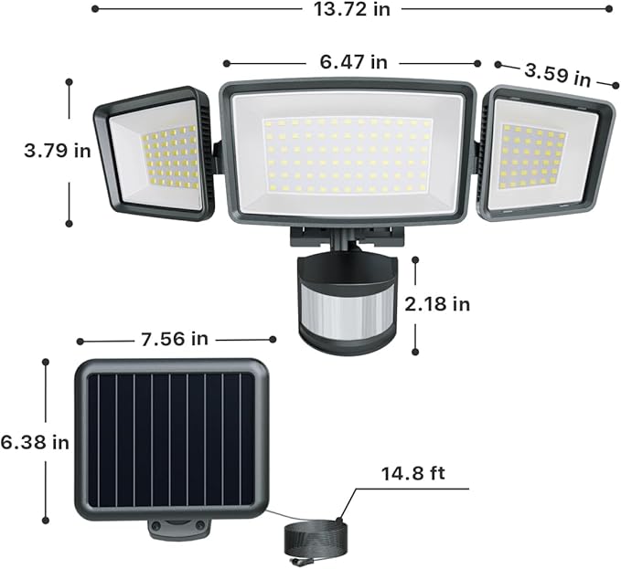 Ensenior 5 Motion Sensor Modes Solar Security Light, 1800LM 270° Wide Angle 3 Heads LED Flood Lights, IP65 Waterproof Wall Lights, Separate Solar Panel Remote Control Solar Lights Outdoor