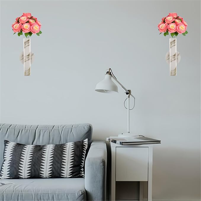 Self Adhesive Wall Vase Metal Tube Decoration Holder Used to Display Dried Flower, Faux Flowers, Fake Flowers, Also Suitable for Cemetery Memorial Decoration (1 Pcs White Gold Stripe)