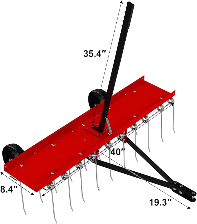 40inch Tow Behind Dethatcher with 20 Spring Steel Tines, Lawn Tractor Rakes with Lift Handle, Tow Behind Rake to Remove Thatch, Riding Lawn Mower Attachments for Outdoor Yard Tools Lawn Care
