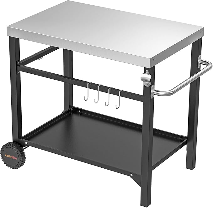 only fire Stainless Steel Movable Dining Cart Table, Pizza Oven Table, Multifunctional Utility Cart with Wheels for Outdoors, Kitchen or Backyard Patio