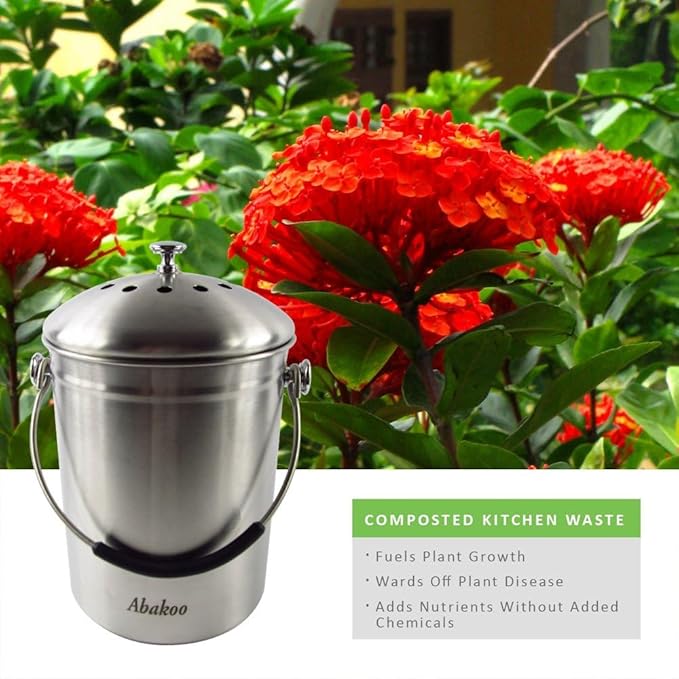 Abakoo Compost Bin 304 Stainless Steel Kitchen Composter Waste Pail Indoor Countertop Kitchen Bin Pail - Includes 4 Filters (1.3 Gallon)