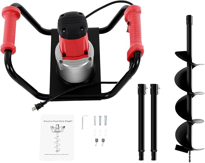 Post Hole Digger, 1500W Electric Post Hole Auger Earth Auger Digging Dril Digging Machine with 6" Digging Auger Bit and Extension Bar Set for Planting, Trenching in Garden (1500W,1x6" Drill)