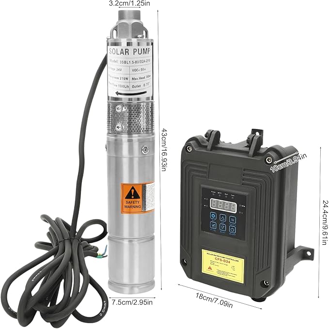 DC 24V 210W Deep Well Submersible Pump,3" Solar Pump w/MPPT Controller,Bore Deep Well Water Pump & Control Box for Industrial,Irrigation & Home Use