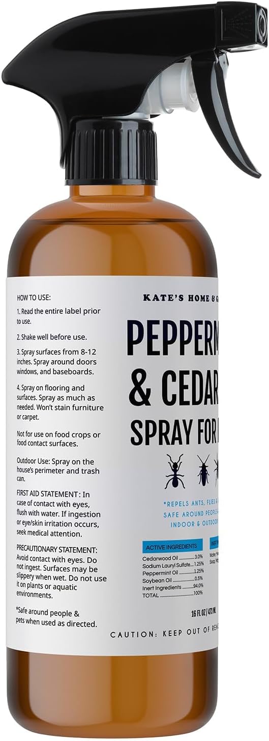 Kate's Home & Garden Peppermint Oil Spray for Bugs, Ants, Insects, Spiders. Pesticide and Insecticide Indoor Repellent Pest Control with Cedarwood Oil (16oz, Natural, Pet Safe, Non Toxic)