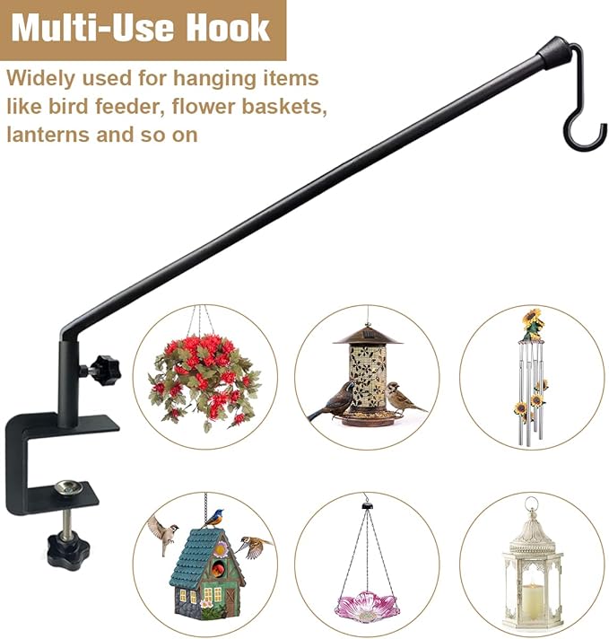 38 Inch Extended Reach Deck Hook Hanger for Railing, Heavy Duty Outdoor Plant Hook Holder for Hanging Bird Feeder Flower Basket Planter or Lanterns, 2 Packs